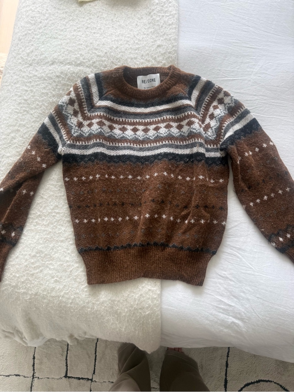 Re/Done Brown Fair Isle Crewneck Sweater with Cream & Gray Accents